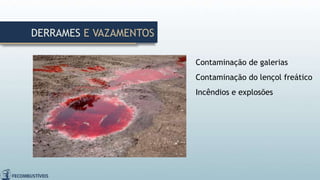 Contaminação de galerias
Contaminação do lençol freático
Incêndios e explosões
DERRAMES E VAZAMENTOS
 
