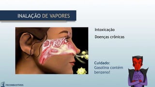 INALAÇÃO DE VAPORES
Cuidado:
Gasolina contém
benzeno!
Intoxicação
Doenças crônicas
 