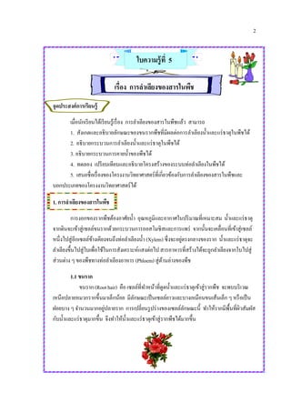 2
ใบความรู้ที่ 5
เรื่อง การลาเลียงของสารในพืช
จุดประสงค์การเรียนรู้
เมื่อนักเรียนได้เรียนรู้เรื่อง การลาเลียงของสารในพืชแล้ว สามารถ
1. สังเกตและอธิบายลักษณะของขนรากพืชที่มีผลต่อการลาเลียงน้าและแร่ธาตุในพืชได้
2. อธิบายกระบวนการลาเลียงน้าและแร่ธาตุในพืชได้
3. อธิบายกระบวนการคายน้าของพืชได้
4. ทดลอง เปรียบเทียบและอธิบายโครงสร้างของระบบท่อลาเลียงในพืชได้
5. เสนอชื่อเรื่องของโครงงานวิทยาศาสตร์ที่เกี่ยวข้องกับการลาเลียงของสารในพืชและ
บอกประเภทของโครงงานวิทยาศาสตร์ได้
1. การลาเลียงของสารในพืช
การงอกของรากพืชต้องอาศัยน้า อุณหภูมิและอากาศในปริมาณที่เหมาะสม น้าและแร่ธาตุ
จากดินจะเข้าสู่เซลล์ขนรากด้วยกระบวนการออสโมซิสและการแพร่ จากนั้นจะเคลื่อนที่เข้าสู่เซลล์
หนึ่งไปสู่อีกเซลล์ข้างเคียงจนถึงท่อลาเลียงน้า (Xylem) ซึ่งจะอยู่ตรงกลางของราก น้าและแร่ธาตุจะ
ลาเลียงขึ้นไปสู่ใบเพื่อใช้ในการสังเคราะห์แสงต่อไป สารอาหารที่สร้างได้จะถูกลาเลียงจากใบไปสู่
ส่วนต่าง ๆ ของพืชทางท่อลาเลียงอาหาร (Phloem) สู่ด้านล่างของพืช
1.1 ขนราก
ขนราก (Roothair) คือเซลล์ที่ทาหน้าที่ดูดน้าและแร่ธาตุเข้าสู่รากพืช จะพบบริเวณ
เหนือปลายหมวกรากขึ้นมาเล็กน้อย มีลักษณะเป็นเซลล์ยาวและบางเหมือนขนเส้นเล็ก ๆ หรือเป็น
ฝอยบาง ๆ จานวนมากอยู่ปลายราก การเปลี่ยนรูปร่างของเซลล์ลักษณะนี้ ทาให้รากมีพื้นที่ผิวสัมผัส
กับน้าและแร่ธาตุมากขึ้น จึงทาให้น้าและแร่ธาตุเข้าสู่รากพืชได้มากขึ้น
 
