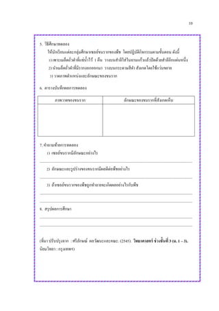 10
5. วิธีศึกษาทดลอง
ให้นักเรียนแต่ละกลุ่มศึกษาเซลล์ขนรากของพืช โดยปฏิบัติกิจกรรมตามขั้นตอน ดังนี้
1) เพาะเมล็ดถั่วดาที่แช่น้าไว้ 1 คืน วางบนสาลีใส่ในจานแก้วแล้วปิดด้วยสาลีอีกแผ่นหนึ่ง
2) นาเมล็ดถั่วดาที่มีรากงอกออกมา วางบนกระดาษสีดา สังเกตโดยใช้แว่นขยาย
3) วาดภาพตาแหน่งและลักษณะของขนราก
6. ตารางบันทึกผลการทดลอง
ภาพวาดของขนราก ลักษณะของขนรากที่สังเกตเห็น
7. คาถามท้ายการทดลอง
1) เซลล์ขนรากมีลักษณะอย่างไร
.............................................................................................................................................................
2) ลักษณะและรูปร่างของขนรากมีผลดีต่อพืชอย่างไร
.............................................................................................................................................................
3) ถ้าเซลล์ขนรากของพืชถูกทาลายจะเกิดผลอย่างไรกับพืช
.............................................................................................................................................................
.............................................................................................................................................................
8. สรุปผลการศึกษา
.............................................................................................................................................................
.............................................................................................................................................................
(ที่มา ปรับปรุงจาก : ศรีลักษณ์ ผลวัฒนะและคณะ. (2545). วิทยาศาสตร์ ช่วงชั้นที่ 3 (ม. 1 – 3).
นิยมวิทยา : กรุงเทพฯ)
 