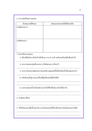 12
6. ตารางบันทึกผลการทดลอง
ลักษณะภาพที่สังเกต ลักษณะของของลาต้นที่สังเกตเห็น
ภาพตัดตามขวาง
ภาพตัดตามยาว
7. คาถามท้ายการทดลอง
1) เมื่อแช่ต้นผักกระสังในน้าหมึกสีแดง นาน 30 นาที จะสังเกตเห็นลาต้นเป็นอย่างไร
.............................................................................................................................................................
2) จากการทดลองกลุ่มสีแดงรอบ ๆ ต้นตัดตามขวาง คืออะไร
.............................................................................................................................................................
3) จากการสังเกตภาพตัดตามยาวของลาต้น กลุ่มเซลล์เนื้อเยื่อลาเลียงน้ามีลักษณะอย่างไร
.............................................................................................................................................................
4) หมึกสีแดงเข้าสู่รากและเคลื่อนที่สู่ลาต้นของพืชด้วยวิธีใด
.............................................................................................................................................................
.............................................................................................................................................................
5) จากการทดลองนี้ นักเรียนคิดว่าจะนาไปใช้ในชีวิตประจาวันได้อย่างไร
.............................................................................................................................................................
.............................................................................................................................................................
8. สรุปผลการศึกษา
.............................................................................................................................................................
.............................................................................................................................................................
9. ให้นักเรียนเสนอชื่อเรื่องของโครงงานวิทยาศาสตร์ที่เกี่ยวข้องกับการลาเลียงของสารในพืช
.............................................................................................................................................................
.............................................................................................................................................................
 