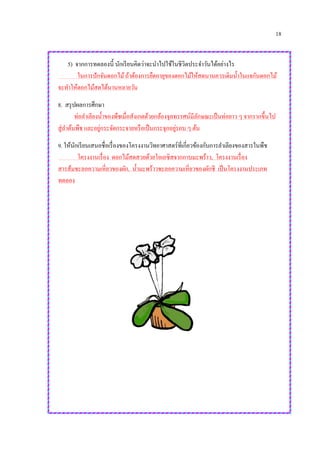 18
5) จากการทดลองนี้ นักเรียนคิดว่าจะนาไปใช้ในชีวิตประจาวันได้อย่างไร
ในการปักจันดอกไม้ถ้าต้องการยืดอายุของดอกไม้ให้สดนานควรเติมน้าในแจกันดอกไม้
จะทาให้ดอกไม้สดได้นานหลายวัน
8. สรุปผลการศึกษา
ท่อลาเลียงน้าของพืชเมื่อสังเกตด้วยกล้องจุลทรรศน์มีลักษณะเป็นท่อยาว ๆ จากรากขึ้นไป
สู่ลาต้นพืช และอยู่กระจัดกระจายหรือเป็นกระจุกอยู่รอบ ๆ ต้น
9. ให้นักเรียนเสนอชื่อเรื่องของโครงงานวิทยาศาสตร์ที่เกี่ยวข้องกับการลาเลียงของสารในพืช
โครงงานเรื่อง ดอกไม้สดสวยด้วยโอเอซิสจากกาบมะพร้าว, โครงงานเรื่อง
สารส้มชะลอความเหี่ยวของผัก, น้ามะพร้าวชะลอความเหี่ยวของผักชี เป็นโครงงานประเภท
ทดลอง
 