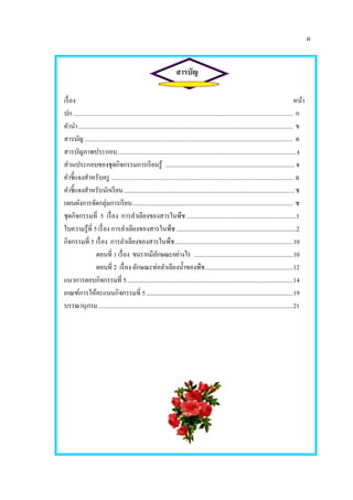 ค
สารบัญ
เรื่อง หน้า
ปก ............................................................................................................................................ ก
คานา......................................................................................................................................... ข
สารบัญ..................................................................................................................................... ค
สารบัญภาพประกอบ..................................................................................................................ง
ส่วนประกอบของชุดกิจกรรมการเรียนรู้ ...................................................................................... จ
คาชี้แจงสาหรับครู .....................................................................................................................ฉ
คาชี้แจงสาหรับนักเรียน..................................................................................................................ช
แผนผังการจัดกลุ่มการเรียน........................................................................................................... ซ
ชุดกิจกรรมที่ 5 เรื่อง การลาเลียงของสารในพืช......................................................................1
ใบความรู้ที่ 5 เรื่อง การลาเลียงของสารในพืช ................................................................................2
กิจกรรมที่ 5 เรื่อง การลาเลียงของสารในพืช...............................................................................10
ตอนที่ 1 เรื่อง ขนรากมีลักษณะอย่างไร ..................................................................10
ตอนที่ 2 เรื่อง ลักษณะท่อลาเลียงน้าของพืช...........................................................12
แนวการตอบกิจกรรมที่ 5...............................................................................................................14
เกณฑ์การให้คะแนนกิจกรรมที่ 5..................................................................................................19
บรรณานุกรม..................................................................................................................................21
 