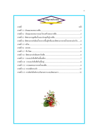 ง
สารบัญภาพประกอบ
ภาพที่ หน้า
ภาพที่ 5.1 ลักษณะของขนรากพืช..................................................................................................1
ภาพที่ 5.2 ลักษณะของขนรากและโครงสร้างของรากพืช........................................................3
ภาพที่ 5.3 ทิศทางการดูดซึมน้าและแร่ธาตุเข้าสู่รากพืช.............................................................3
ภาพที่ 5.4 ทิศทางการลาเลียงน้าจากรากขึ้นสู่ลาต้นและทิศทางการคายน้าออกทางปากใบ......4
ภาพที่ 5.5 กล้วย..............................................................................................................................6
ภาพที่ 5.6 แครอท...........................................................................................................................6
ภาพที่ 5.7 ข้าวโพด........................................................................................................................6
ภาพที่ 5.8 ทิศทางการลาเลียงสารในพืช.......................................................................................6
ภาพที่ 5.9 รากและลาต้นพืชใบเลี้ยงเดี่ยว .................................................................................7
ภาพที่ 5.10 รากและลาต้นพืชใบเลี้ยงคู่ ....................................................................................8
ภาพที่ 5.11 การทดสอบการคายน้าของพืช...................................................................................8
ภาพที่ 5.12 การแช่ผักกระสัง .................................................................................................12
ภาพที่ 5.13 การตัดลาต้นผักกระสังตามขวาง และตัดตามยาว.................................................12
 