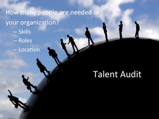 Talent	
  Audit	
  
How	
  many	
  people	
  are	
  needed	
  in	
  
your	
  organizaEon?	
  
– Skills	
  
– Roles	
  
– LocaEon	
  
 