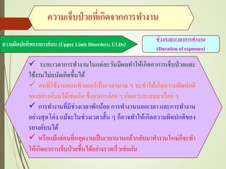ความเจ็บป่วยที่เกิดจากการทางาน
ความผิดปกติของรยางค์บน (Upper Limb Disorders: ULDs)
ช่วงระยะเวลาการทางาน
(Duration of exposure)
 ระยะเวลาการทางานในแต่ละวันมีผลทาให้เกิดอาการเจ็บป่วยและ
ใช้งานไม่ถนัดเกิดขึ้นได้
 คนที่ใช้งานคอมพิวเตอร์เป็นเวลานาน ๆ จะทาให้เกิดความผิดปกติ
ของรยางค์บนได้เช่นกัน ซึ่งอาการค่อย ๆ เกิดการสะสมมาเรื่อย ๆ
 การทางานที่มีช่วงเวลาพักน้อย การทางานนอกเวลา และการทางาน
อย่างสุดโต่ง แม้จะในช่วงเวลาสั้น ๆ ก็อาจทาให้เกิดความผิดปกติของ
รยางค์บนได้
 หรือแม้แต่คนที่หยุดงานเป็นเวลานานแล้วกลับมาทางานใหม่ก็จะทา
ให้เกิดอาการเจ็บป่วยขึ้นได้อย่างรวดเร็วเช่นกัน
 