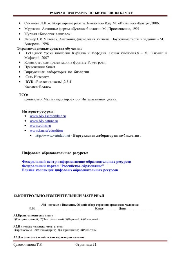 Биология и человек 8 класс д.в.колесов решение лабораторный