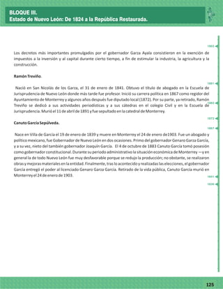 77125
_
_
_
_
_
_
_
_
_
_
_
_
_
_
_
_
_
_
_
_
_
_
_
_
_
_
Los decretos más importantes promulgados por el gobernador Garza Ayala consistieron en la exención de
impuestos a la inversión y al capital durante cierto tiempo, a fin de estimular la industria, la agricultura y la
construcción.
RamónTreviño.
Nació en San Nicolás de los Garza, el 31 de enero de 1841. Obtuvo el título de abogado en la Escuela de
Jurisprudencia de Nuevo León donde más tarde fue profesor. Inició su carrera política en 1867 como regidor del
Ayuntamiento de Monterrey y algunos años después fue diputado local (1872). Por su parte, ya retirado, Ramón
Treviño se dedicó a sus actividades periodísticas y a sus cátedras en el colegio Civil y en la Escuela de
Jurisprudencia.Murióel11deabrilde1891yfuesepultadoenlacatedraldeMonterrey.
CanutoGarcíaSepúlveda.
Nace en Villa de García el 19 de enero de 1839 y muere en Monterrey el 24 de enero de1903. Fue un abogado y
político mexicano, fue Gobernador de Nuevo León en dos ocasiones. Primo del gobernador Genaro Garza García,
y a su vez, nieto del también gobernador Joaquín García. El 4 de octubre de 1883 Canuto García tomó posesión
comogobernadorconstitucional.DurantesuperiodoadministrativolasituacióneconómicadeMonterrey—yen
general la de todo Nuevo León fue muy desfavorable porque se redujo la producción; no obstante, se realizaron
obrasymejorasmaterialesenlaentidad.Finalmente,trasloacontecidoyrealizadaslaselecciones,elgobernador
García entregó el poder al licenciado Genaro Garza García. Retirado de la vida pública, Canuto García murió en
Monterreyel24deenerode1903.
1839
1841
1867
1872
1883
1891
1903
BLOQUE III.
Estado de Nuevo León: De 1824 a la República Restaurada.
 