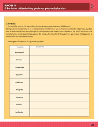 77137
Actividades:
1.ContinúalaconstruccióndetuLíneadetiempo,agregandolasetapasdelBloqueIV.
Es importante el desarrollo de la noción del tiempo histórico, ya que facilita la visualización del periodo, ayuda a
que establezcan secuencias cronológicas o identifiquen relaciones pasado-presentes, de multicausalidad o de
simultaneidad entre los distintos sucesos del tiempo. Por lo anterior te sugerimos que inicies el Bloque con la
elaboracióndeunalíneadetiempo.
2.Investigaelconceptodelassiguientespalabras:
EN LA AGRICULTURAPALABRA CONCEPTO
Provisional
Interino
Prosperidad
Opositor
Catástrofe
Relegado
Desterrar
Licencia
Latifundio
BLOQUE IV.
El Porfiriato, la Revolución y gobiernos postrevolucionarios
 