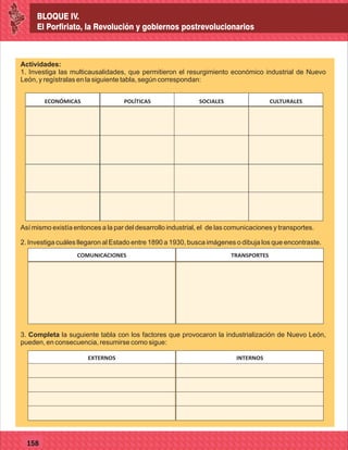 BLOQUE IV.
El Porfiriato, la Revolución y gobiernos postrevolucionarios
77127
BLOQUE IV.
El Porfiriato, la Revolución y gobiernos postrevolucionarios
77158
Actividades:
1. Investiga las multicausalidades, que permitieron el resurgimiento económico industrial de Nuevo
León, y regístralas en la siguiente tabla, según correspondan:
Así mismo existía entonces a la par del desarrollo industrial, el de las comunicaciones y transportes.
2. Investiga cuáles llegaron al Estado entre 1890 a 1930, busca imágenes o dibuja los que encontraste.
ECONÓMICAS POLÍTICAS SOCIALES CULTURALES
COMUNICACIONES TRANSPORTES
3. Completa la suguiente tabla con los factores que provocaron la industrialización de Nuevo León,
pueden, en consecuencia, resumirse como sigue:
EXTERNOS INTERNOS
 