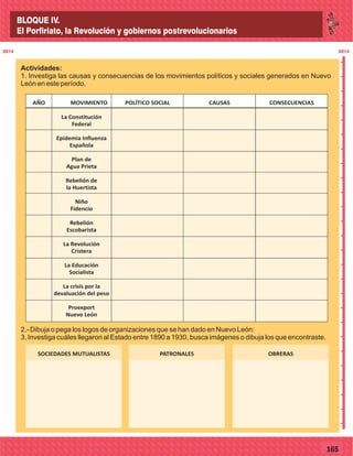 2014
_
_
_
_
_
_
_
_
_
_
_
_
_
_
_
_
_
_
_
_
_
_
_
_
_
_
2014
77165
2014201420142014
Actividades:
1. Investiga las causas y consecuencias de los movimientos políticos y sociales generados en Nuevo
León en este período.
2.- Dibuja o pega los logos de organizaciones que se han dado en Nuevo León:
3. Investiga cuáles llegaron al Estado entre 1890 a 1930, busca imágenes o dibuja los que encontraste.
AÑO MOVIMIENTO POLÍTICO SOCIAL CAUSAS CONSECUENCIAS
La Constitución
Federal
Epidemia Influenza
Española
Plan de
Agua Prieta
Rebelión de
la Huertista
Niño
Fidencio
Rebelión
Escobarista
La Revolución
Cristera
La Educación
Socialista
La crisis por la
devaluación del peso
Proexport
Nuevo León
SOCIEDADES MUTUALISTAS PATRONALES OBRERAS
BLOQUE IV.
El Porfiriato, la Revolución y gobiernos postrevolucionarios
 