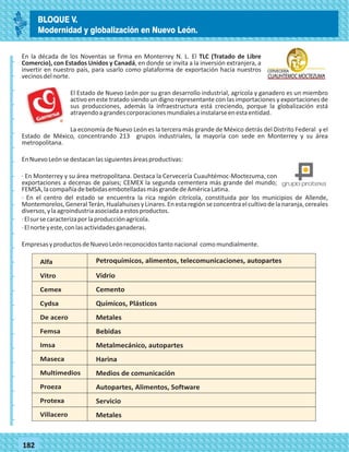 _
_
_
_
_
_
_
_
_
_
_
_
_
_
_
_
_
_
_
_
_
_
_
_
_
_
77182
En la década de los Noventas se firma en Monterrey N. L. El TLC (Tratado de Libre
Comercio), con Estados Unidos y Canadá, en donde se invita a la inversión extranjera, a
invertir en nuestro país, para usarlo como plataforma de exportación hacia nuestros
vecinosdelnorte.
El Estado de Nuevo León por su gran desarrollo industrial, agrícola y ganadero es un miembro
activo en este tratado siendo un digno representante con las importaciones y exportaciones de
sus producciones, además la infraestructura está creciendo, porque la globalización está
atrayendoagrandescorporacionesmundialesainstalarseenestaentidad.
La economía de Nuevo León es la tercera más grande de México detrás del Distrito Federal y el
Estado de México, concentrando 213 grupos industriales, la mayoría con sede en Monterrey y su área
metropolitana.
EnNuevoLeónsedestacanlassiguientesáreasproductivas:
· En Monterrey y su área metropolitana. Destaca la Cervecería Cuauhtémoc-Moctezuma, con
exportaciones a decenas de países; CEMEX la segunda cementera más grande del mundo;
FEMSA,lacompañíadebebidasembotelladasmásgrandedeAméricaLatina.
· En el centro del estado se encuentra la rica región citrícola, constituida por los municipios de Allende,
Montemorelos,GeneralTerán,HualahuisesyLinares.Enestaregiónseconcentraelcultivodelanaranja,cereales
diversos,ylaagroindustriaasociadaaestosproductos.
·Elsursecaracterizaporlaproducciónagrícola.
·Elnorteyeste,conlasactividadesganaderas.
EmpresasyproductosdeNuevoLeónreconocidostantonacional comomundialmente.
Alfa
Vitro
Cemex
Cydsa
De acero
Femsa
Imsa
Maseca
Multimedios
Proeza
Protexa
Villacero
Vidrio
Cemento
Químicos, Plásticos
Metales
Bebidas
Metalmecánico, autopartes
Harina
Medios de comunicación
Autopartes, Alimentos, Software
Servicio
Metales
Petroquímicos, alimentos, telecomunicaciones, autopartes
BLOQUE V.
Modernidad y globalización en Nuevo León.
 
