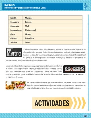 _
_
_
_
_
_
_
_
_
_
_
_
_
_
_
_
_
_
_
_
_
_
_
_
_
_
77183
La industria manufacturera, está cediendo espacio a una economía basada en la
información y los servicios. En los últimos años se están haciendo esfuerzos por atraer
inversión en los sectores de biotecnología, mecatrónica y aeronáutica con la creación del
PIIT (Parque de Investigación e Innovación Tecnológica), además de programas de
vinculacióndelaindustriaconlosprogramasuniversitarios.
Las características de las importaciones y exportaciones de nuestra entidad se
da en base a toda la producción anterior, tanto de la industria como del campo,
que son transformados para ser exportados tanto nacional como
internacionalmente, ya que su calidad es reconocida. Su producción es vendida
enelpaísyenelmundo.
Por consecuencia sabemos que nuestra entidad no posee todos los recursos
naturales y materiales que su industria y campo necesitan para la elaboración de
susproductos,porlotantotienequeimportarlosdeotrasentidadesopaíses.
FAMSA
Cervecería
Conservas
Empacadoras
Chen
Chimex
Sukarne
Muebles
Cerveza
Miel
Cítricos, miel
Lácteos
Embutidos
Carne
ACTIVIDADES
BLOQUE V.
Modernidad y globalización en Nuevo León.
 