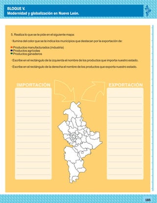 _
_
_
_
_
_
_
_
_
_
_
_
_
_
_
_
_
_
_
_
_
_
_
_
_
_
77185
5. Realiza lo que se te pide en el siguiente mapa:
· Ilumina del color que se te indica los municipios que destacan por la exportación de:
Productos manufacturados (industria)
Productos agrícolas
Productos ganaderos
· Escribe en el rectángulo de la izquierda el nombre de los productos que importa nuestro estado.
· Escribe en el rectángulo de la derecha el nombre de los productos que exporta nuestro estado.
26
IMPORTACIÓN EXPORTACIÓN
BLOQUE V.
Modernidad y globalización en Nuevo León.
 