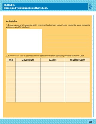 _
_
_
_
_
_
_
_
_
_
_
_
_
_
_
_
_
_
_
_
_
_
_
_
_
_
77180
_
_
_
_
_
_
_
_
_
_
_
_
_
_
_
_
_
_
_
_
_
_
_
_
_
_
77193
Actividades:
1. Busca y pega una imagen de algún movimiento obrero en Nuevo León y describe a que compañía
pertenece y cuál era su labor.
2. Reconoce las causas y consecuencias de los movimientos políticos y sociales en Nuevo León.
AÑO MOVIMIENTO CAUSAS CONSECUENCIAS
BLOQUE V.
Modernidad y globalización en Nuevo León.
 