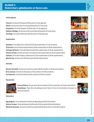 2014
_
_
_
_
_
_
_
_
_
_
_
_
_
_
_
_
_
_
_
_
_
_
_
_
_
_
2014
77180
BLOQUE V.
Modernidad y globalización en Nuevo León.
_
_
_
_
_
_
_
_
_
_
_
_
_
_
_
_
_
_
_
_
_
_
_
_
_
_
77203
Julioyagosto
Linares:FiestasdeVillaseca(29dejulioal14deagosto).
Marín:Aniversariodelmunicipio(8dejulioal17dejulio).
Pesquería:FeriadePesquería(28dejulioal7deagosto).
SabinasHidalgo:Aniversariodelmunicipio(22dejulioal31dejulio).
Santiago:FeriadelaManzana(25dejulioal10deagosto).
Septiembre
Apodaca:FeriaAgrícolaeIndustrial(23deseptiembreal7deoctubre).
ElCarmen:FeriaIndustrialdelaNuez(10deseptiembreal18deseptiembre).
CiénegadeFlores:FeriadelMachacado(9deseptiembreal25deseptiembre).
DoctorArroyo:Aniversariodelmunicipio(21deseptiembreal22deseptiembre).
Galeana:FeriadelaPapaylaManzana(15deseptiembreal18deseptiembre).
Monterrey:AniversariodelMunicipio(20deSeptiembre)
Octubre
DoctorGonzález:Aniversariodelmunicipio(28deoctubreal16denoviembre).
Gral.Zuazua:FeriadelaHojarasca(7deoctubreal23deoctubre).
LosRayones:FeriadelaNuez(16deoctubreal24deoctubre).
Noviembre
GeneralBravo:Aniversariodelmunicipio(17denoviembreal21denoviembre).
Guadalupe: Expo feria Guadalupe (casi todo el mes de noviembre solo que no
tienediaoficial).
Diciembre
Agualeguas:FeriadeNuestroSeñordeAgualeguas(8dediciembre).
DoctorArroyo:FiestadeNuestraSeñoradelaConcepción(8dediciembre).
MelchorOcampo:Aniversariodelmunicipio(29dediciembreal31dediciembre).
BLOQUE V.
Modernidad y globalización en Nuevo León.
 