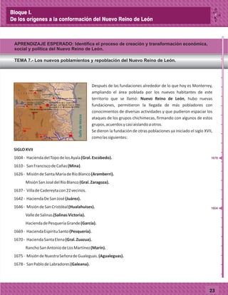 _
_
_
_
_
_
_
_
_
_
_
_
_
_
_
_
_
_
_
_
_
_
_
_
_
_
Después de las fundaciones alrededor de lo que hoy es Monterrey,
ampliando el área poblada por los nuevos habitantes de este
territorio que se llamó: Nuevo Reino de León, hubo nuevas
fundaciones, permitieron la llegada de más pobladores con
conocimientos de diversas actividades y que pudieron espaciar los
ataques de los grupos chichimecas, firmando con algunos de estos
grupos,acuerdosycasiaislandoaotros.
Se dieron la fundación de otras poblaciones ya iniciado el siglo XVII,
comolassiguientes:
TEMA 7.- Los nuevos poblamientos y repoblación del Nuevo Reino de León.
SIGLOXVII
1604- HaciendadelTopodelosAyala(Gral.Escobedo).
1610- SanFranciscodeCañas(Mina).
1626- MisióndeSantaMaríadeRíoBlanco(Aramberri).
MisiónSanJosédelRíoBlanco(Gral.Zaragoza).
1637- VilladeCadereytacon22vecinos.
1642- HaciendaDeSanJosé(Juárez).
1646- MisióndeSanCristóbal(Hualahuises).
ValledeSalinas(SalinasVictoria).
HaciendadePesqueríaGrande(García).
1669- HaciendaEspírituSanto(Pesquería).
1670- HaciendaSantaElena(Gral.Zuazua).
RanchoSanAntoniodeLosMartínez(Marín).
1675- MisióndeNuestraSeñoradeGualeguas.(Agualeguas).
1678- SanPablodeLabradores(Galeana).
23
APRENDIZAJE ESPERADO: Identifica el proceso de creación y transformación económica,
social y política del Nuevo Reino de León.
1604
1678
Bloque I.
De los orígenes a la conformación del Nuevo Reino de León
 