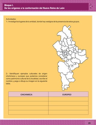29
Actividades:
1.- Investiga los lugares de tu entidad, donde hay vestigios de la presencia de estos grupos.
262.- Identifiquen ejemplos culturales de origen
chichimeca y europeo que podamos considerar
como patrimonio cultural de tu localidad, escribe el
nombre y pega o dibuja su imagen en la siguiente
tabla.
CHICHIMECA EUROPEO
Bloque I.
De los orígenes a la conformación del Nuevo Reino de León
 