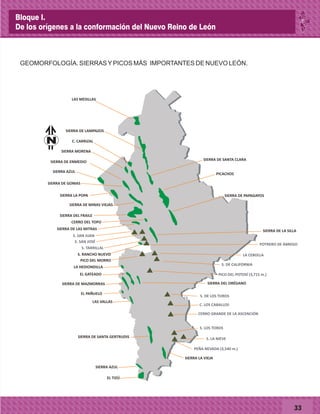 33
GEOMORFOLOGÍA. SIERRASYPICOS MÁS IMPORTANTES DE NUEVO LEÓN.
LAS MESILLAS
SIERRA DE LAMPAZOS
C. CARRIZAL
SIERRA AZUL
SIERRA LA POPA
SIERRA DE ENMEDIO
SIERRA MORENA
SIERRA DE SANTA CLARA
SIERRA DE GOMAS
SIERRA DE MINAS VIEJAS
SIERRA DEL FRAILE
PICACHOS
SIERRA DE PAPAGAYOS
SIERRA DE LAS MITRAS
CERRO DEL TOPO
SIERRA DE LA SILLA
LA HEDIONDILLA
SIERRA DE MAZMORRAS
EL GATEADO
SIERRA DEL ORÉGANO
LAS VALLAS
EL PAÑUELO
SIERRA DE SANTA GERTRUDIS
SIERRA LA VIEJA
EL TIZÚ
SIERRA AZUL
PEÑA NEVADA (3,540 m.)
S. LA NIEVE
S. LOS TOROS
CERRO GRANDE DE LA ASCENCIÓN
C. LOS CABALLOS
S. DE LOS TOROS
PICO DEL POTOSÍ (3,715 m.)
S. DE CALIFORNIA
LA CEBOLLA
PICO DEL MORRO
POTRERO DE ÁBREGO
S. TARRILLAL
S. SAN JOSÉ
S. SAN JUAN
S. RANCHO NUEVO
N
Bloque I.
De los orígenes a la conformación del Nuevo Reino de León
 