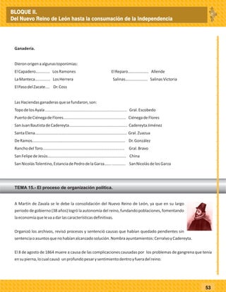 53
Ganadería.
Dieronorigenaalgunastoponimias:
ElCapadero….......... LosRamones ElReparo.…..........….. Allende
LaManteca…........... LosHerrera Salinas……….......….. SalinasVictoria
ElPasodelZacate.... Dr.Coss
LasHaciendasganaderasquesefundaron,son:
TopodelosAyala......................................................................... Gral.Escobedo
PuertodeCiénegadeFlores........................................................ CiénegadeFlores
SanJuanBautistadeCadereyta.................................................... CadereytaJiménez
SantaElena.................................................................................. Gral.Zuazua
DeRamos................................................................................... Dr.González
RanchodelToro......................................................................... Gral.Bravo
SanFelipedeJesús...................................................................... China
SanNicolásTolentino,EstanciadePedrodelaGarza……............. SanNicolásdelosGarza
A Martín de Zavala se le debe la consolidación del Nuevo Reino de León, ya que en su largo
periodo de gobierno (38 años) logró la autonomía del reino, fundando poblaciones, fomentando
laeconomíaquelevaadarlascaracterísticasdefinitivas.
Organizó los archivos, revisó procesos y sentenció causas que habían quedado pendientes sin
sentenciaoasuntosquenohabíanalcanzadosolución.Nombraayuntamientos:CerralvoyCadereyta.
El 8 de agosto de 1864 muere a causa de las complicaciones causadas por los problemas de gangrena que tenía
ensupierna,locualcausó unprofundopesarysentimientodentroyfueradelreino.
TEMA 15.- El proceso de organización política.
_
_
_
_
_
_
_
_
_
_
_
_
_
_
_
_
_
_
_
_
_
_
_
_
_
_
A Martín de Zavala se le debe la consolidación del Nuevo Reino de León, ya que en su largo
periodo de gobierno (38 años) logró la autonomía del reino, fundando poblaciones, fomentando
laeconomíaquelevaadarlascaracterísticasdefinitivas.
Organizó los archivos, revisó procesos y sentenció causas que habían quedado pendientes sin
sentenciaoasuntosquenohabíanalcanzadosolución.Nombraayuntamientos:CerralvoyCadereyta.
El 8 de agosto de 1864 muere a causa de las complicaciones causadas por los problemas de gangrena que tenía
ensupierna,locualcausó unprofundopesarysentimientodentroyfueradelreino.
BLOQUE II.
Del Nuevo Reino de León hasta la consumación de la Independencia
 