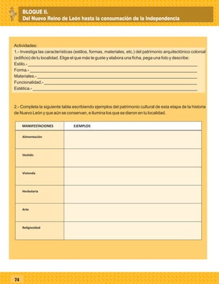 MANIFESTACIONES EJEMPLOS
74
Actividades:
1.- Investiga las características (estilos, formas, materiales, etc.) del patrimonio arquitectónico colonial
(edificio) de tu localidad. Elige el que más te guste y elabora una ficha, pega una foto y describe:
Estilo.- _______________________________________________________________________
Forma.- ______________________________________________________________________
Materiales.- ___________________________________________________________________
Funcionalidad.- ________________________________________________________________
Estética.- _____________________________________________________________________
2.- Completa la siguiente tabla escribiendo ejemplos del patrimonio cultural de esta etapa de la historia
de Nuevo León y que aún se conservan, e ilumina los que se dieron en tu localidad.
Alimentación
Vestido
Vivienda
Herbolaria
Arte
Religiosidad
BLOQUE II.
Del Nuevo Reino de León hasta la consumación de la Independencia
 