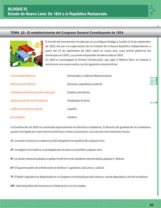 7783
_
_
_
_
_
_
_
_
_
_
_
_
_
_
_
_
_
_
_
_
_
_
_
_
_
_
El triunfo del movimiento iniciado por el cura Miguel Hidalgo y Costilla el 16 de septiembre
de 1810, dio pie a la organización de los Estados de la Nueva República Independiente, a
partir del 27 de septiembre de 1821 nació un nuevo país, cuyo primer gobierno fue
monárquicoen1822,ysuprimeremperadorfuederrocadoen1823.
En 1824 es promulgada la Primera Constitución, que rigió el México libre, se empezó a
estructurarunanuevanación,conlassiguientescaracterísticas:
a)FormadeGobierno:
b)DivisióndePoderes:
c)Establecióladivisiónpolíticadelpaís:
d)EleccióndelPrimerPresidente:
e)Oficializaelidiomaoficial:
f)Lareligión:
Democrático,FederalyRepresentativo
Ejecutivo,LegislativoyJudicial
Estadosyterritorios
GuadalupeVictoria
Español
Católica
La Constitución de 1824 no contempló expresamente los derechos ciudadanos. El derecho de igualdad de los ciudadanos
quedórestringidoporlapermanenciadelfueromilitaryeclesiástico.Losartículosmásrelevantesfueron:
1º.Lanaciónmexicanaessoberanaylibredelgobiernoespañolydecualquierotra.
2º.LareligióneslaCatólica,esprotegidaporlasleyesyseprohíbecualquierotra.
4º.Lanaciónmexicanaadoptaungobiernodeformaderepúblicarepresentativa,populary federal.
6º.ElSupremopoderdelafederaciónsedivideen Legislativo,Ejecutivoy Judicial.
7º.ElPoderLegislativoesdepositadoenunCongresoconstituidopordoscámaras,unadediputadosyotradesenadores.
50º.Libertadpolíticadeimprentaenlafederaciónyenlosestados.
TEMA 22.- El establecimiento del Congreso General Constituyente de 1824.
1810
1821
1824
1822
1823
BLOQUE III.
Estado de Nuevo León: De 1824 a la República Restaurada.
 
