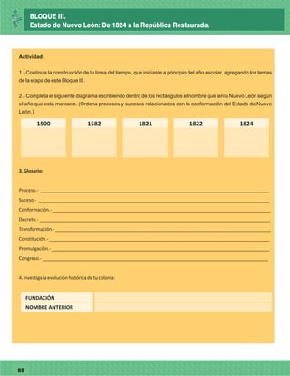 7788
Actividad:
1.- Continúa la construcción de tu línea del tiempo, que iniciaste a principio del año escolar, agregando los temas
de la etapa de este Bloque III.
2.- Completa el siguiente diagrama escribiendo dentro de los rectángulos el nombre que tenía Nuevo León según
el año que está marcado. (Ordena procesos y sucesos relacionados con la conformación del Estado de Nuevo
León.)
1500 1582 1821 1822 1824
3.Glosario:
Proceso.- ________________________________________________________________________________________
Suceso.- _________________________________________________________________________________________
Conformación.-____________________________________________________________________________________
Decreto.-_________________________________________________________________________________________
Transformación.-___________________________________________________________________________________
Constitución.-_____________________________________________________________________________________
Promulgación.-____________________________________________________________________________________
Congreso.-_______________________________________________________________________________________
4.Investigalaevoluciónhistóricadetucolonia:
FUNDACIÓN
NOMBRE ANTERIOR
BLOQUE III.
Estado de Nuevo León: De 1824 a la República Restaurada.
 
