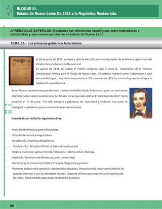 7790
APRENDIZAJE ESPERADO: Reconoce las diferencias ideológicas entre federalistas y
centralistas y sus consecuencias en el estado de Nuevo León.
El 26 de junio de 1824, se llevó a cabo la elección para los diputados de la Primera Legislatura del
EstadoLibreySoberanodeNuevoLeón.
En agosto de 1824, se instaló el Primer Congreso local e inicia la elaboración de la Primera
Constitución Política para el Estado de Nuevo León. El Congreso nombró como Gobernador a José
AntonioRodríguez,encalidaddeprovisional.El5demarzode1825fueconcluidaysancionadaporla
legislaciónnuevoleonesa.
SeverificaronlaseleccionesquedieroneltriunfoaJoséMaríaParásBallesteros,quienseconvirtióen
elprimerGobernadorConstitucionaldelEstado.Paraelperiodo1825al17defebrerode1827.Tomó
posesión el 15 de junio. “Un sello benigno y patriarcal, de “Autoridad y rectitud”, fue como se
distinguiósugobierno,quevaaserelectoenotrasocasiones.
Duranteelcualrealizólassiguientesobras:
ŸCasadeBeneficenciaparaniñospobres.
ŸImpulsólamineríaylaagricultura.
ŸEstableciólaimprentadelgobierno.
Publicóel1er.PeriódicoOficial:LaGacelaConstitucional.
ŸErigióamunicipio:SalinasVictoria,Villaldama, Alamos,MieryNoriega.
ŸHabilitóElSeminariodeMonterreycomoUniversidad.
ŸDictóLaLeydeInstrucciónPública:Primariaobligatoriaygratuita.
ŸFomentóeldesarrollocomercial,aboliendolasalcabalas.(Impuestomásimportante).Mejorólos
_
_
_
_
_
_
_
_
_
_
_
_
_
_
_
_
_
_
_
_
_
_
_
_
_
_
TEMA 25.- Los primeros gobiernos federalistas.
caminos internos y con las entidades vecinas. Organizó milicias para repeler las incursiones de
losindios.Tomómedidasparaevitarlaepidemiadecólera.
1825
1824
1827
BLOQUE III.
Estado de Nuevo León: De 1824 a la República Restaurada.
 