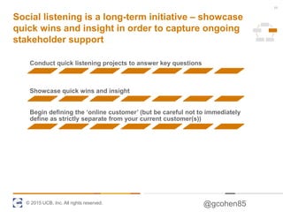 © 2015 UCB, Inc. All rights reserved. @gcohen85
Conduct quick listening projects to answer key questions
Showcase quick wins and insight
Begin defining the ‘online customer’ (but be careful not to immediately
define as strictly separate from your current customer(s))
Social listening is a long-term initiative – showcase
quick wins and insight in order to capture ongoing
stakeholder support
11
 