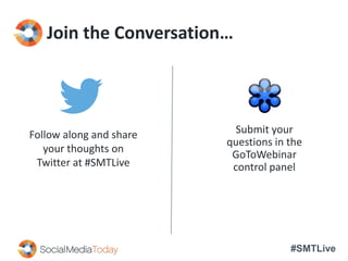 #SMTLive
Join the Conversation…
Follow along and share
your thoughts on
Twitter at #SMTLive
Submit your
questions in the
GoToWebinar
control panel
 