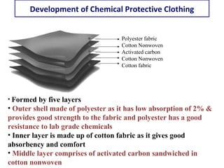 Development of Chemical Protective Clothing
Polyester fabric
Cotton Nonwoven
Activated carbon
Cotton Nonwoven
Cotton fabric
• Formed by five layers
• Outer shell made of polyester as it has low absorption of 2% &
provides good strength to the fabric and polyester has a good
resistance to lab grade chemicals
• Inner layer is made up of cotton fabric as it gives good
absorbency and comfort
• Middle layer comprises of activated carbon sandwiched in
cotton nonwoven
 