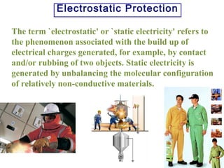 Electrostatic Protection
The term `electrostatic' or `static electricity' refers to
the phenomenon associated with the build up of
electrical charges generated, for example, by contact
and/or rubbing of two objects. Static electricity is
generated by unbalancing the molecular configuration
of relatively non-conductive materials.
 