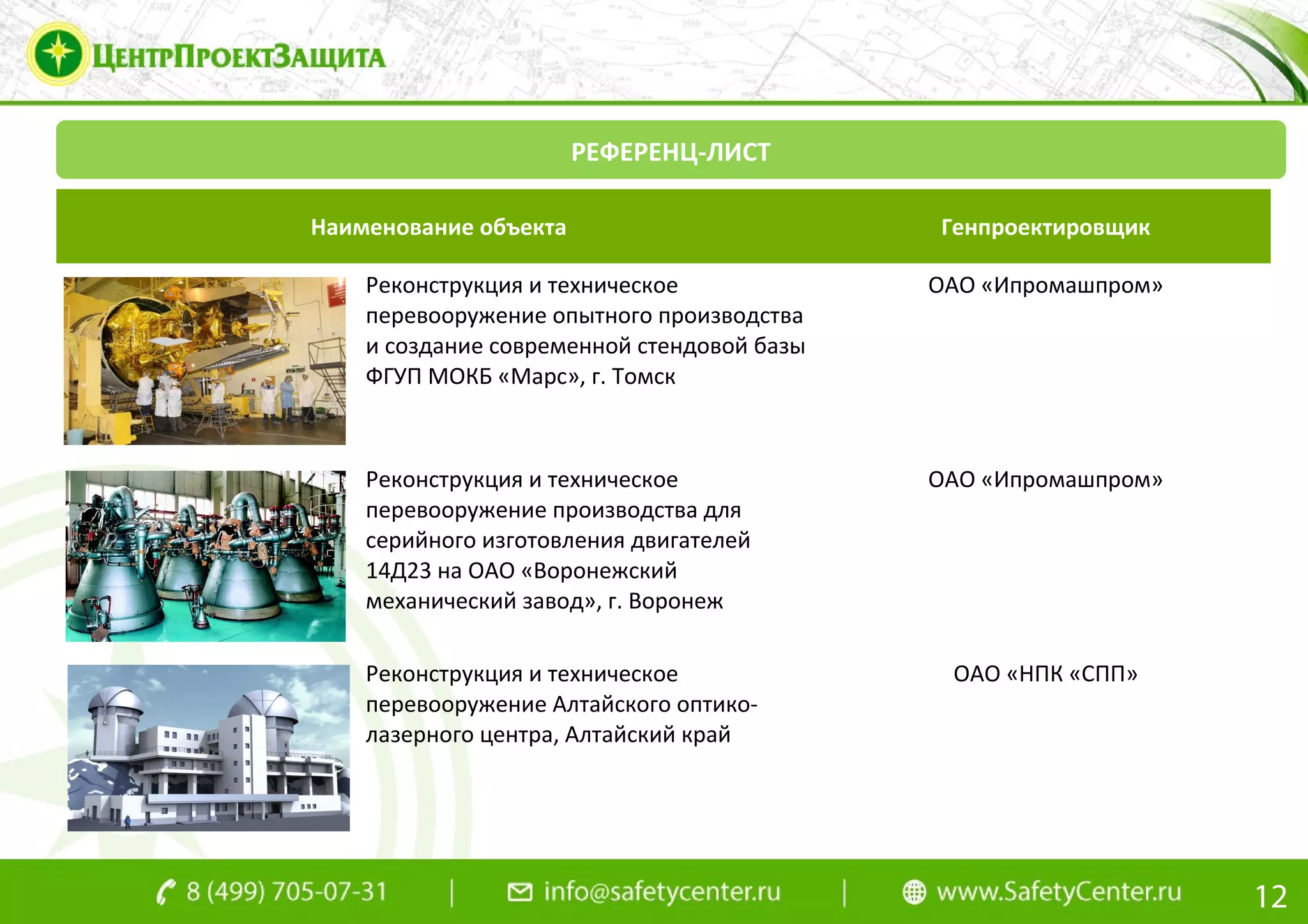 РЕФЕРЕНЦ-ЛИСТ
Наименование объекта Генпроектировщик
Реконструкция и техническое
перевооружение опытного производства
и создание современной стендовой базы
ФГУП МОКБ «Марс», г. Томск
ОАО «Ипромашпром»
Реконструкция и техническое
перевооружение производства для
серийного изготовления двигателей
14Д23 на ОАО «Воронежский
механический завод», г. Воронеж
ОАО «Ипромашпром»
Реконструкция и техническое
перевооружение Алтайского оптико-
лазерного центра, Алтайский край
ОАО «НПК «СПП»
12
 