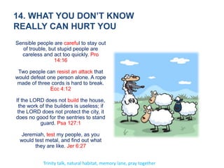 14. WHAT YOU DON’T KNOW
REALLY CAN HURT YOU
Sensible people are careful to stay out
of trouble, but stupid people are
careless and act too quickly. Pro
14:16
Two people can resist an attack that
would defeat one person alone. A rope
made of three cords is hard to break.
Ecc 4:12
If the LORD does not build the house,
the work of the builders is useless; if
the LORD does not protect the city, it
does no good for the sentries to stand
guard. Psa 127:1
Jeremiah, test my people, as you
would test metal, and find out what
they are like. Jer 6:27
Trinity talk, natural habitat, memory lane, pray together
 