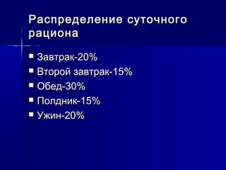 Распределение суточногоРаспределение суточного
рационарациона
 Завтрак-20%Завтрак-20%
 Второй завтрак-15%Второй завтрак-15%
 Обед-30%Обед-30%
 Полдник-15%Полдник-15%
 Ужин-20%Ужин-20%
 