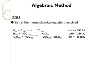 C(s) + O2(g) CO2(g) ∆H = - 393 kJ
H2(g) + 1/2O2 (g) H2O(g) ∆H= - 286 kJ
C2H6(g) + 7/2O2(g) 2CO2(g)+ 3H2O(g) ∆H = -1560kJ
Step 1
☻ List all the thermochemical equations involved
Algebraic MethodAlgebraic Method
55
 