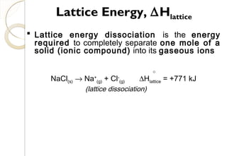  Lattice energy dissociation is the energy
required to completely separate one mole of a
solid (ionic compound) into its gaseous ions
NaCl(s) → Na+
(g) + Cl-
(g) ∆Hlattice = +771 kJ
(lattice dissociation)
Lattice Energy, ∆Hlattice
69
 