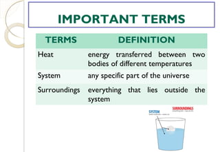 TERMS DEFINITION
Heat energy transferred between two
bodies of different temperatures
System any specific part of the universe
Surroundings everything that lies outside the
system
IMPORTANT TERMS
 