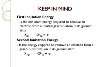 KEEP IN MINDKEEP IN MIND
First Ionisation Energy
- Is the minimum energy required to remove an
electron from a neutral gaseous atom in its ground
state.
X(g) X+
(g) + e-
Second Ionisation Energy
- Is the energy required to remove an electron from a
gaseous positive ion in its ground state.
X+
(g) X2+
(g) + e-
74
 