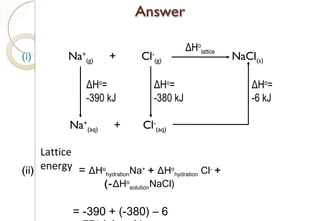 (i) Na+
(g) + Cl-
(g) NaCl(s)
Na+
(aq) + Cl-
(aq)
(ii) = ΔHo
hydrationNa+
+ ΔHo
hydration Cl-
+
(-ΔHo
solutionNaCl)
= -390 + (-380) – 6
ΔHo
lattice
ΔHo
=
-6 kJ
ΔHo
=
-380 kJ
ΔHo
=
-390 kJ
Lattice
energy
78
 