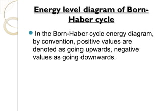 Energy level diagram of Born-Energy level diagram of Born-
Haber cycleHaber cycle
In the Born-Haber cycle energy diagram,
by convention, positive values are
denoted as going upwards, negative
values as going downwards.
88
 