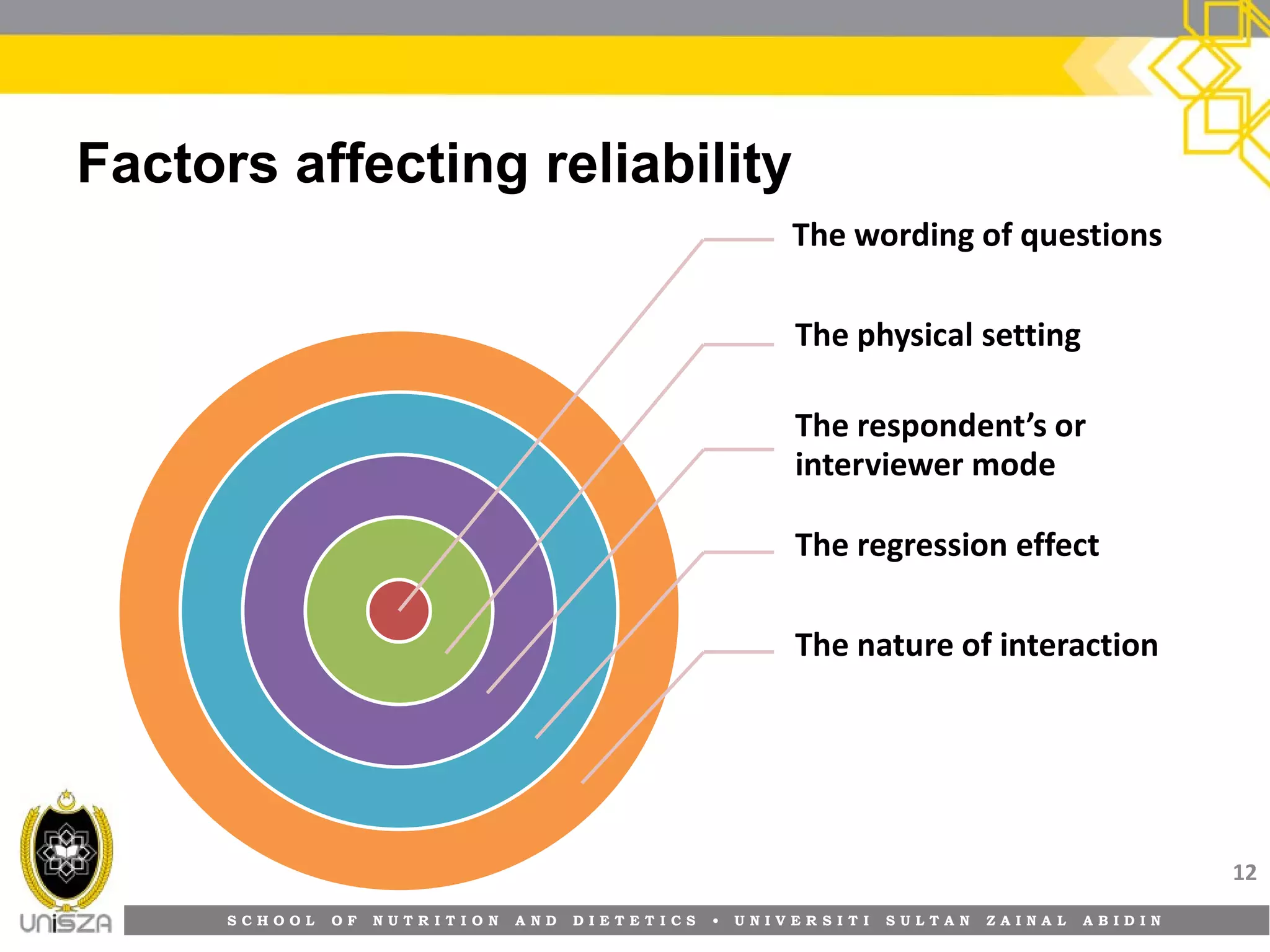 S C H O O L O F N U T R I T I O N A N D D I E T E T I C S • U N I V E R S I T I S U L T A N Z A I N A L A B I D I N
Factors affecting reliability
12
The wording of questions
The physical setting
The respondent’s or
interviewer mode
The regression effect
The nature of interaction
 