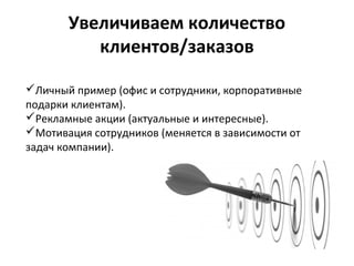 Увеличиваем количество
клиентов/заказов
Личный пример (офис и сотрудники, корпоративные
подарки клиентам).
Рекламные акции (актуальные и интересные).
Мотивация сотрудников (меняется в зависимости от
задач компании).
 
