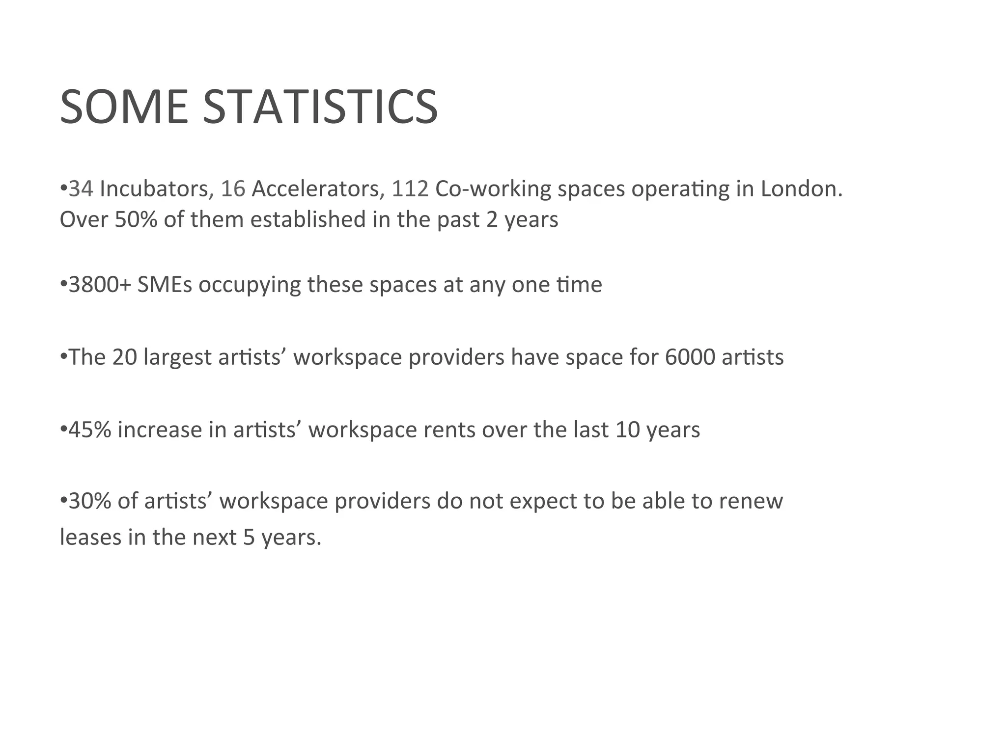 SOME	
  STATISTICS	
  
	
  
• 34	
  Incubators,	
  16	
  Accelerators,	
  112	
  Co-­‐working	
  spaces	
  opera8ng	
  in	
  London.	
  
Over	
  50%	
  of	
  them	
  established	
  in	
  the	
  past	
  2	
  years	
  
• 3800+	
  SMEs	
  occupying	
  these	
  spaces	
  at	
  any	
  one	
  8me	
  
• The	
  20	
  largest	
  ar8sts’	
  workspace	
  providers	
  have	
  space	
  for	
  6000	
  ar8sts	
  
• 45%	
  increase	
  in	
  ar8sts’	
  workspace	
  rents	
  over	
  the	
  last	
  10	
  years	
  	
  
• 30%	
  of	
  ar8sts’	
  workspace	
  providers	
  do	
  not	
  expect	
  to	
  be	
  able	
  to	
  renew	
  
leases	
  in	
  the	
  next	
  5	
  years.	
  
 