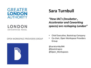 OPEN	
  WORKSPACE	
  PROVIDERS	
  GROUP	
  
Sara	
  Turnbull	
  
	
  
“How	
  IAC's	
  (Incubator	
  ,	
  
Accelerator	
  and	
  Coworking	
  
spaces)	
  are	
  reshaping	
  London”	
  
	
  
	
  
•  Chief	
  Execu8ve,	
  Bootstrap	
  Company	
  
•  Co-­‐chair,	
  Open	
  Workspace	
  Providers	
  
Group	
  
@saraturnbull44	
  
@bootstrapco	
  
@Open_Workspaces	
  
	
  
	
  
 