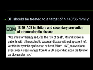  BP should be treated to a target of ≤ 140/85 mmHg.
 