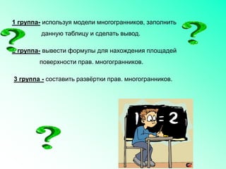 1 группа- используя модели многогранников, заполнить
данную таблицу и сделать вывод.
2 группа- вывести формулы для нахождения площадей
поверхности прав. многогранников.
3 группа - составить развёртки прав. многогранников.
 