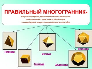 ПРАВИЛЬНЫЙ МНОГОГРАННИК-
выпуклыймногогранник,граникоторогоявляются правильными
многоугольникамис одними темже числомсторон
и в каждойвершине которогосходитсяоднои то же число ребер.
Гексаэдр
Тетраэдр
Октаэдр
Додекаэдр
Икосаэдр
 