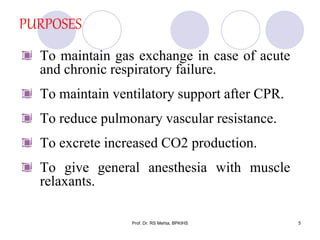 PURPOSES
To maintain gas exchange in case of acute
and chronic respiratory failure.
To maintain ventilatory support after CPR.
To reduce pulmonary vascular resistance.
To excrete increased CO2 production.
To give general anesthesia with muscle
relaxants.
5Prof. Dr. RS Mehta, BPKIHS
 