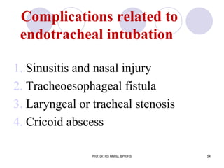 Complications related to
endotracheal intubation
1. Sinusitis and nasal injury
2. Tracheoesophageal fistula
3. Laryngeal or tracheal stenosis
4. Cricoid abscess
54Prof. Dr. RS Mehta, BPKIHS
 